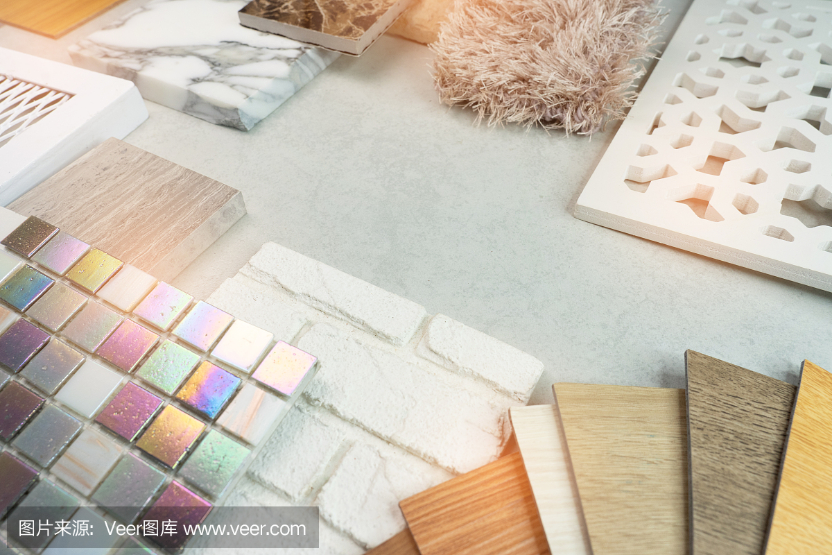 材料的样品,木材,在混凝土桌上。室内设计为构思选择材料。装修理念概念。